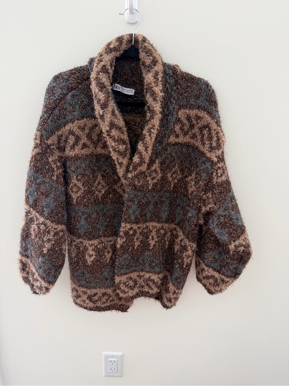 Zara Brown and Gray Metallic-Thread Shawl-Collar Sweater